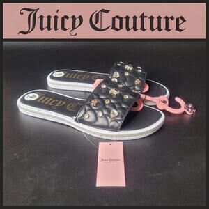 Juicy Couture Black Yafari Slides‎ Heart Quilted Faux Leather Charms Rhinestones